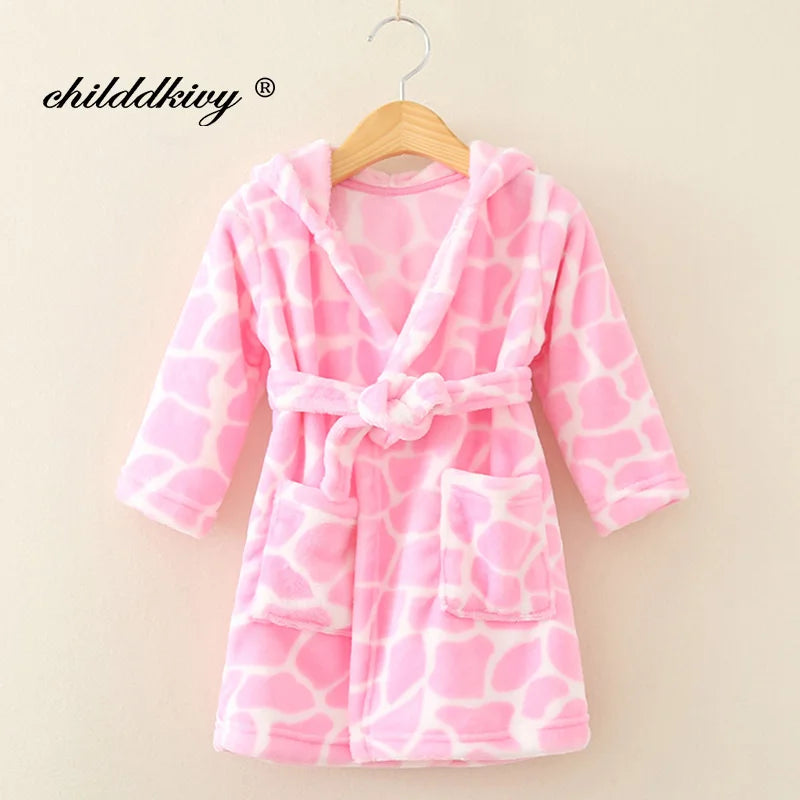 Boy and Girls Flannel Pajamas Robe Autumn and Winter Children Sleepwear Soft Hooded Kids Homewear 2-8 Years
