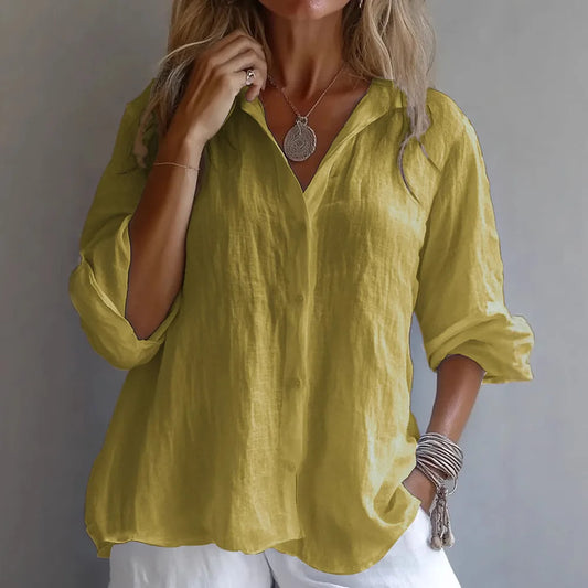 Casual Linen Long Sleeve Blouse Women 2025 Summer Fashion Turn-down Collar Loose Shirts White Blouses Femme Tops Elegant