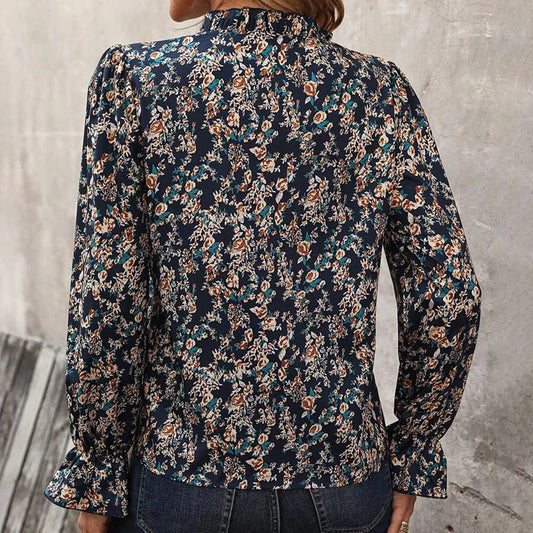 Plus Size Women's Shirt, Flower Print V-Neck with Lace-Up Decoration, Long-Sleeved Casual Vacation Top, Loose and Comfortable