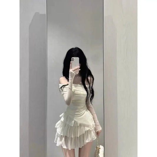 Elegant High-End Feel Summer Fashion 2-Piece Set For Women Off-Shoulder Slimming Top With Cake Skirt Versatile Stylish Dressing