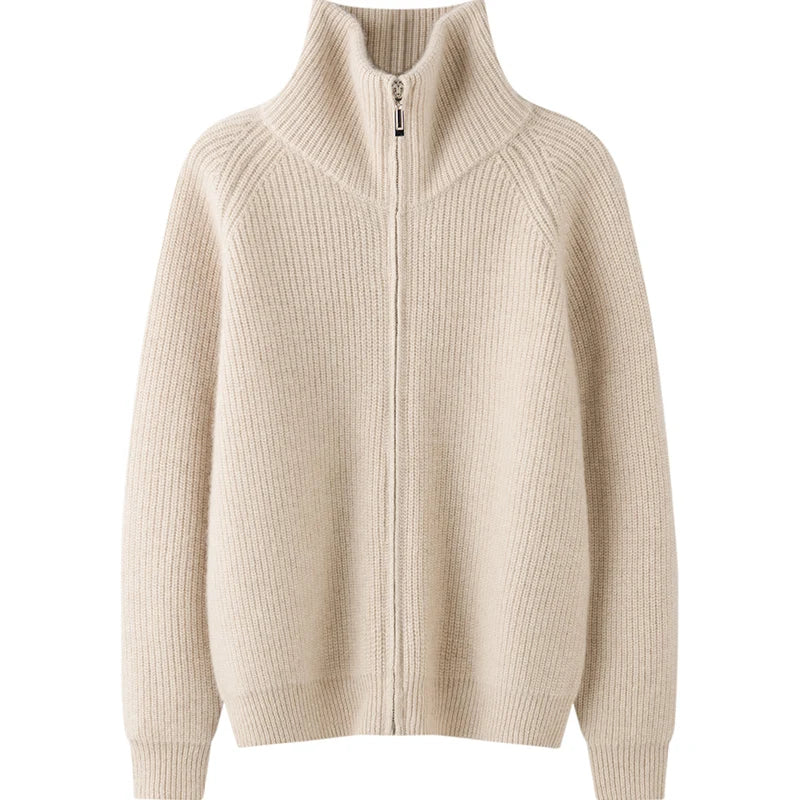 Autumn and winter women's clothing 100% pure cashmere collar thick knit zipper cardigan oversized coat sweater long sleeve loose