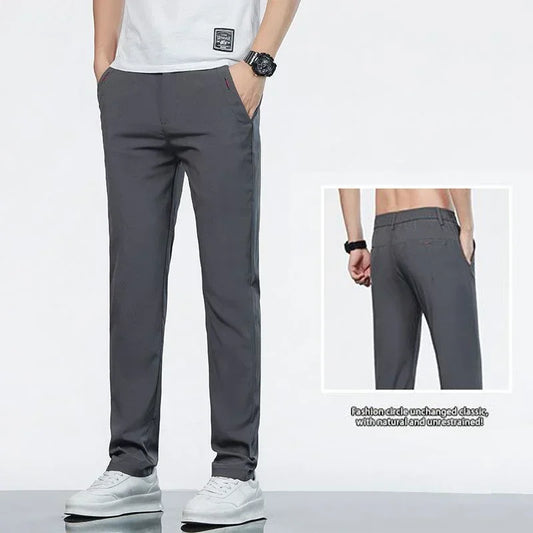 Men Ice Silk Thin Classic Casual Pants Male Slim Fit Straight Leg Daily Business Trousers Fashion Elastic Waist Black Gray Pants