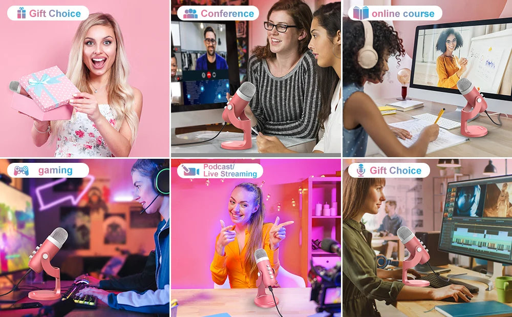 Haomuren USB Condenser Microphone Pink Studio Recording Mic for PC Mac Computer Phone Gaming Streaming Podcasting Laptop Desktop