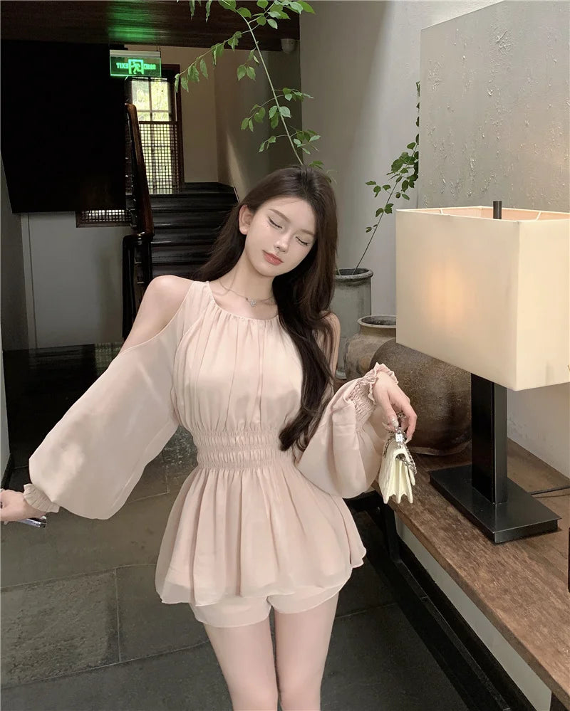 oulder Bared Bubble Sve High Waist ort Set Women's Faion 2025 Autumn Spring Chiffon Top And orts Two Piece Set