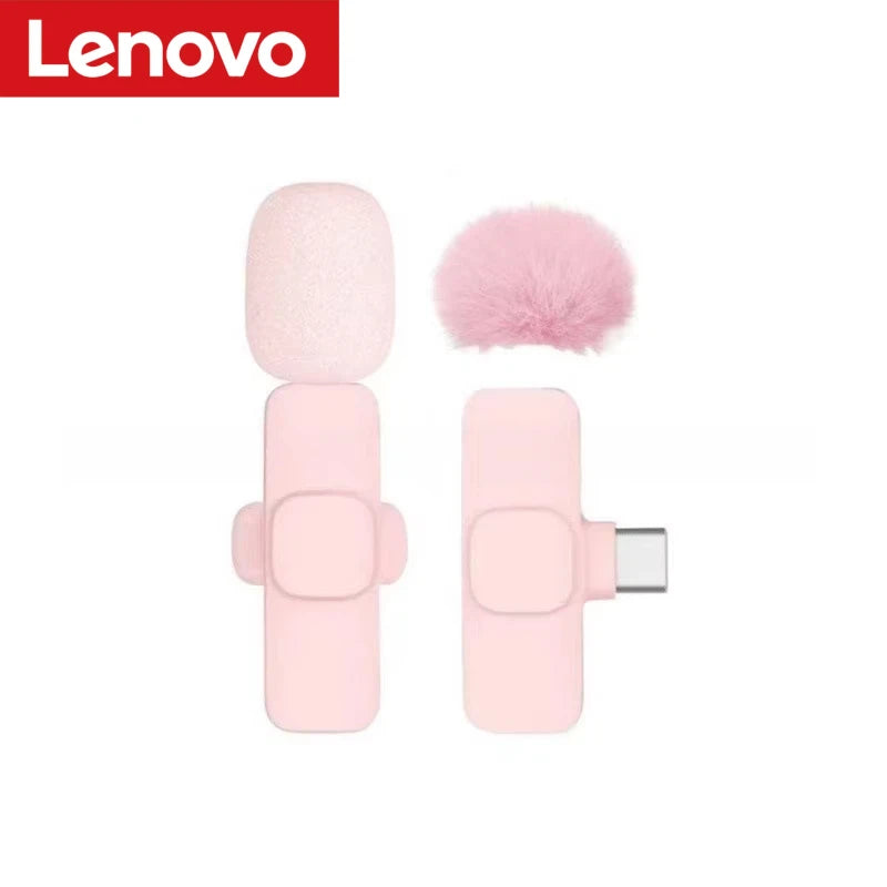 Lenovo Pink Wireless Lavalier Microphone Phone Portable Audio Video Recording Vlog Microphone for iPhone Android PC Live Gaming