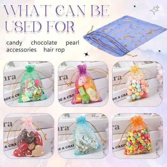 100PCS Moon Stars Drawstring Organza Bags Jewelry Gift Bags Pouches Gold Star Organza Pouches for Christmas Wedding Gift Bags