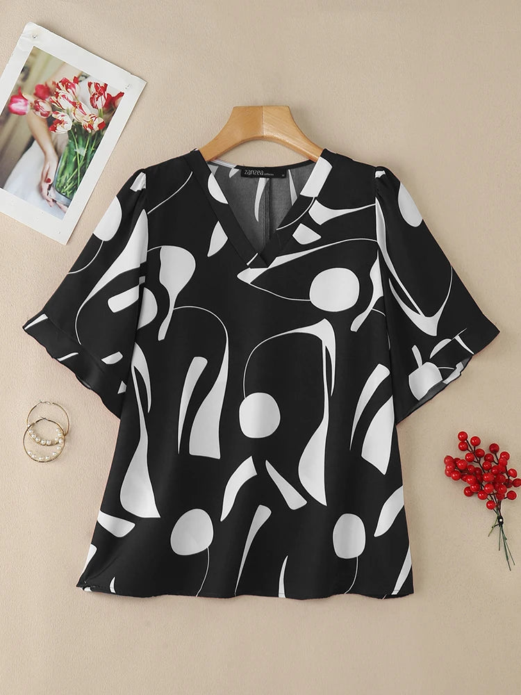 2026 ZANZEA Summer Blouse Women Casual V Neck Short Sleeve Printed Tops Female Loose Chemise Tunic Elegant Work Shirt Oversize