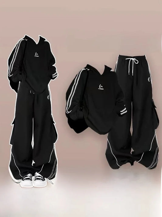 Korean Sle College Girl Sweatirt And Pants Set Spring Autumn Cool Streetwear Two Piece Set Long Sve Hooded Hoodie