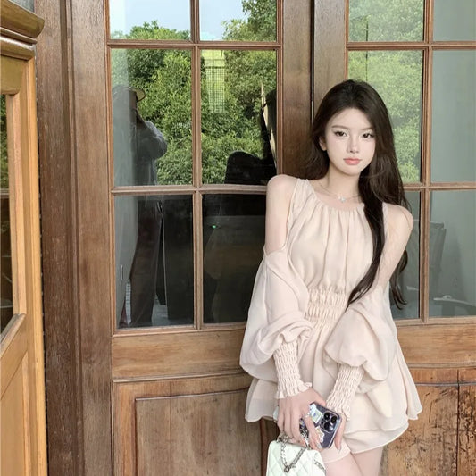 oulder Bared Bubble Sve High Waist ort Set Women's Faion 2025 Autumn Spring Chiffon Top And orts Two Piece Set