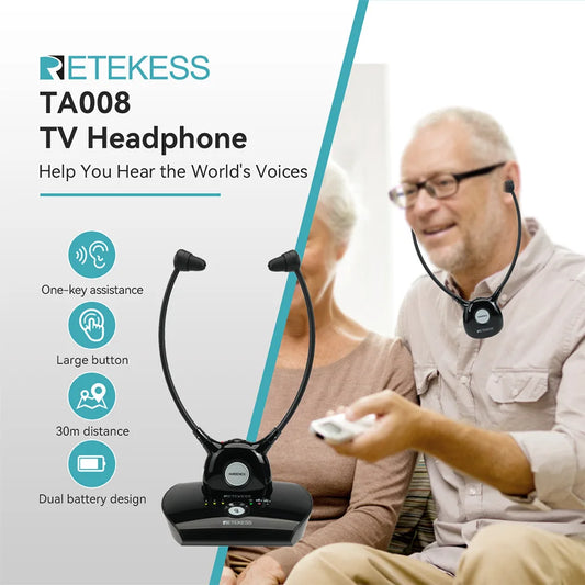 Retekess TA008 TV Hearing Aid Headphone Wireless TV Headset System 2.4GHz Wireless Headphone for Seniors 3 Tones Dual Batteries
