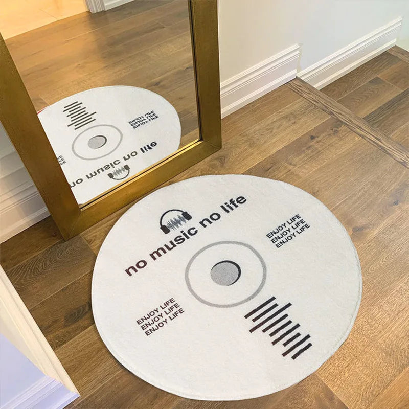 Vinyl Record Pattern Round Carpet Letter Print Home Decor Floor Mat Modern Music Theme Non-Slip Rug for Living Room Music Room