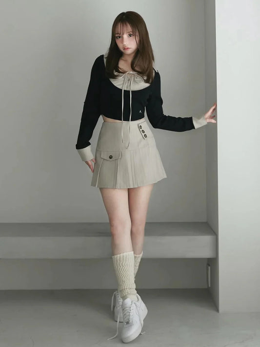 Japanese Sle Autumn Winter Striped f Skirt ort Skirt Set with Tie Long Sve Turn-down Collar Top Women's Hanfu