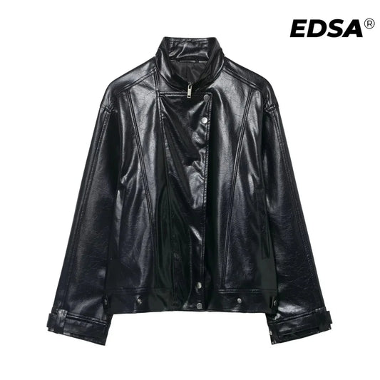 EDSA Women PU Leather Bomber Jacket Motorcycle Coat Black Spliced Zipper Fly Pu Leather Coat For Female New Street Style