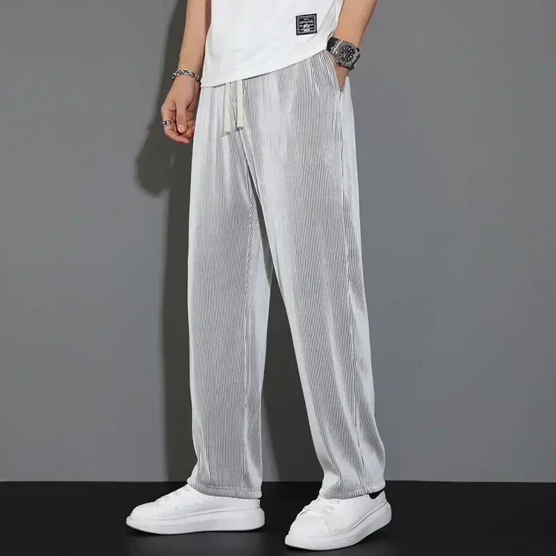 Summer Loose Ice Silk Pants Men's Drape 100KG Size Long Pants Fat Casual Sports Pants Wide Leg Straight Pants Tide Brand