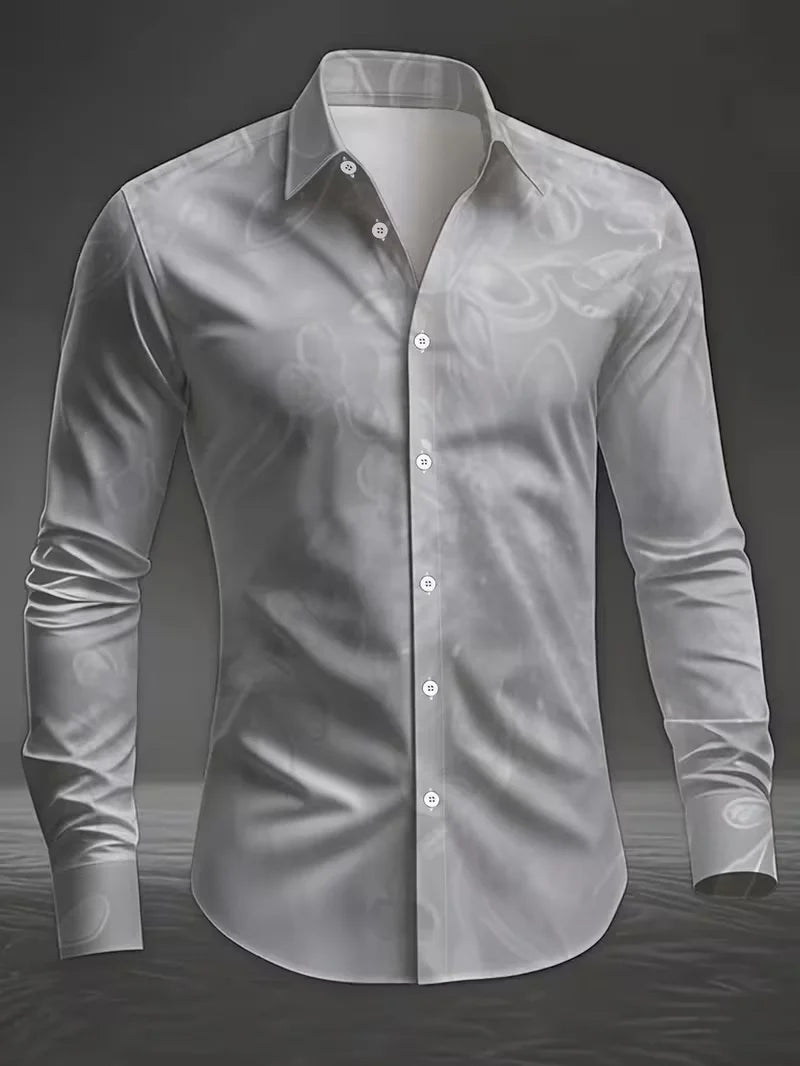 New men's long sleeved shirt with casual plaid pattern and branch print collar, versatile and comfortable top clothing