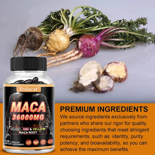 Organic Maca Root Powder Capsules with Black + Red + Yellow Maca Root Extract Supplement for Men and Women - 120 Capsules