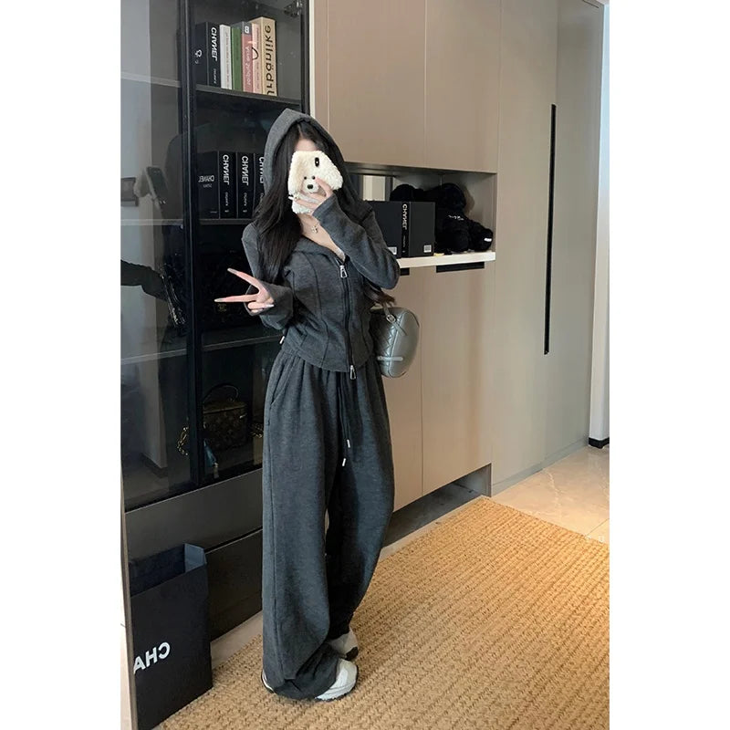 Faionable Lazy Sle Women's Outfit Long Sve Hoodie Wide Leg Casual Pants Two Piece Set Autumn Commute Windbreaker
