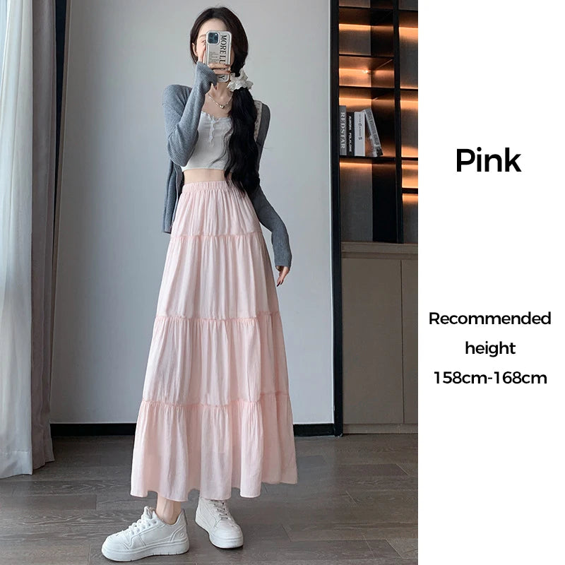 Elegant White Ruffled Long Skirts for Women High Waist A Line Maxi Skirt Woman Spring Summer Casual Loose Korean Umbrella Skirt