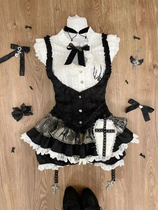Japanese Sweet Preppy Style 2 Piece Set Women Kawaii Lace Patchwork Bow Tops + Y2k Plaid Mini Skirt Elegant Fashion Outifits New