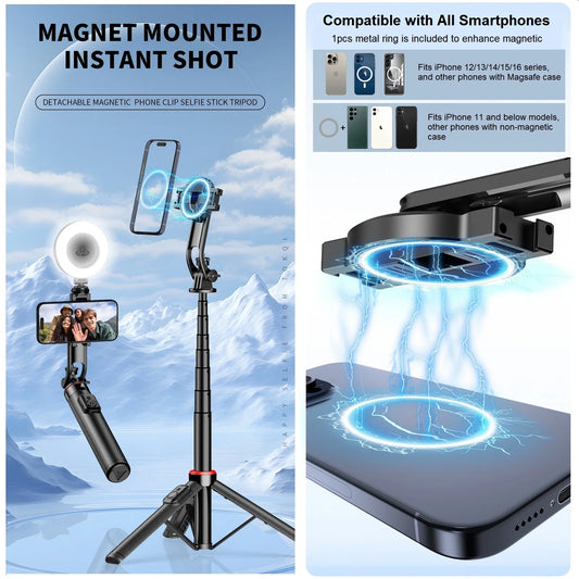 51" Magnetic Selfie Stick Tripod for iPhone Phone Camera Magsafe Tripod Selfie Stick with Bluetooth Remote for Travel Vlog Video