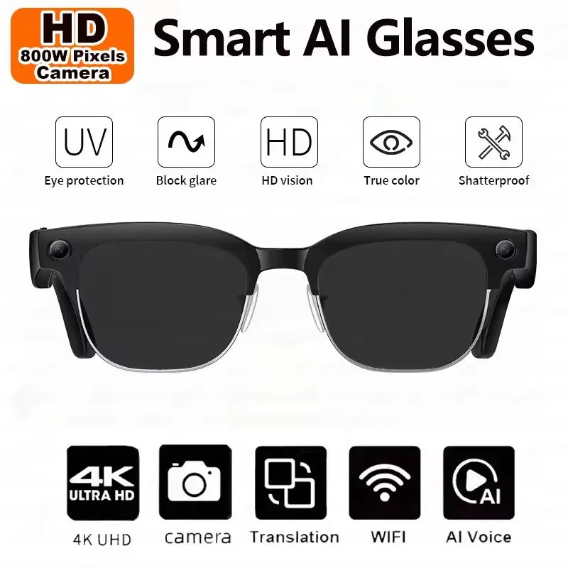 2026 New AI Smart Glasses 4K 8MP HD Camera Video 1080P 100+ Languages Translation WiFi Sunglasses Bluetooth Call Music Men Women