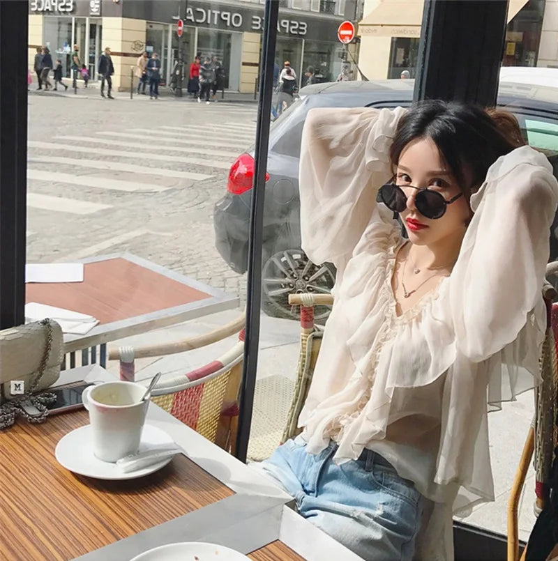 V-neck Sexy Shirts Women Summer See Through Boho Mesh Blouse Ruffle Flare Sleeve Elegant Peplum Tops Ruffles Ladies Blusas 13459