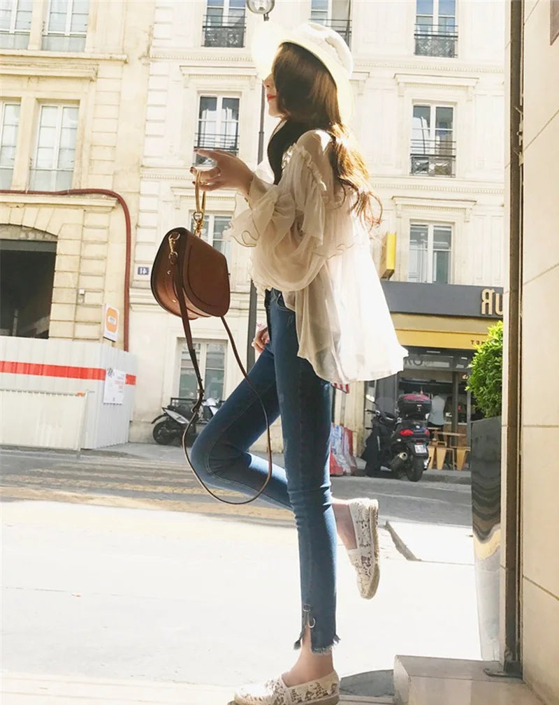 V-neck Sexy Shirts Women Summer See Through Boho Mesh Blouse Ruffle Flare Sleeve Elegant Peplum Tops Ruffles Ladies Blusas 13459
