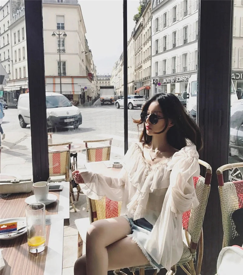 V-neck Sexy Shirts Women Summer See Through Boho Mesh Blouse Ruffle Flare Sleeve Elegant Peplum Tops Ruffles Ladies Blusas 13459