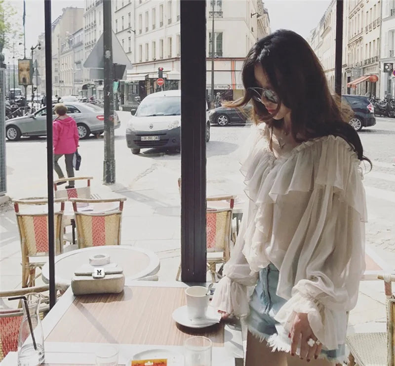 V-neck Sexy Shirts Women Summer See Through Boho Mesh Blouse Ruffle Flare Sleeve Elegant Peplum Tops Ruffles Ladies Blusas 13459