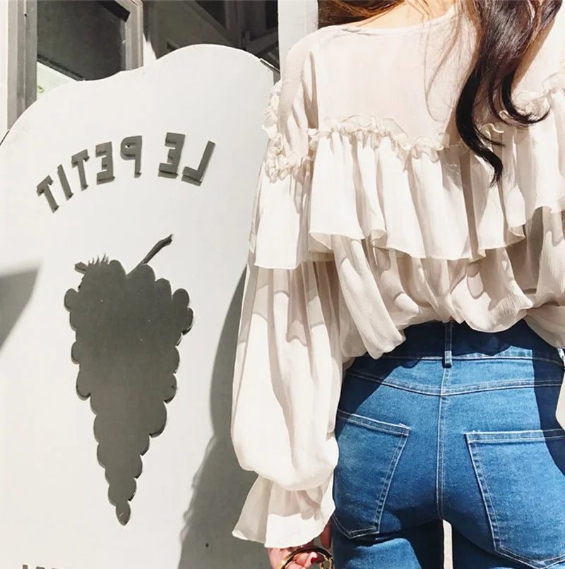 V-neck Sexy Shirts Women Summer See Through Boho Mesh Blouse Ruffle Flare Sleeve Elegant Peplum Tops Ruffles Ladies Blusas 13459