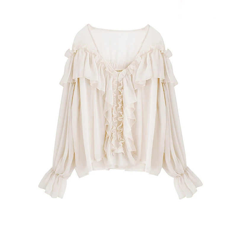 V-neck Sexy Shirts Women Summer See Through Boho Mesh Blouse Ruffle Flare Sleeve Elegant Peplum Tops Ruffles Ladies Blusas 13459