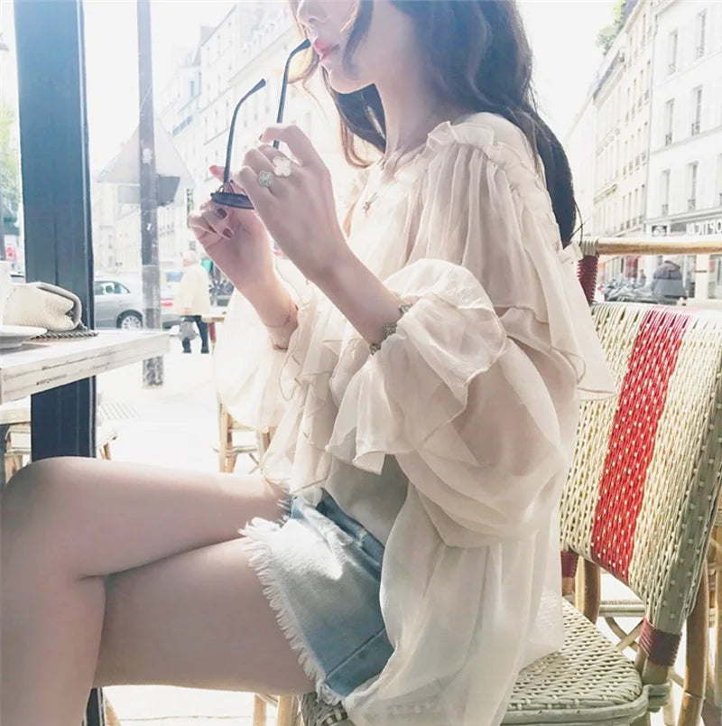 V-neck Sexy Shirts Women Summer See Through Boho Mesh Blouse Ruffle Flare Sleeve Elegant Peplum Tops Ruffles Ladies Blusas 13459