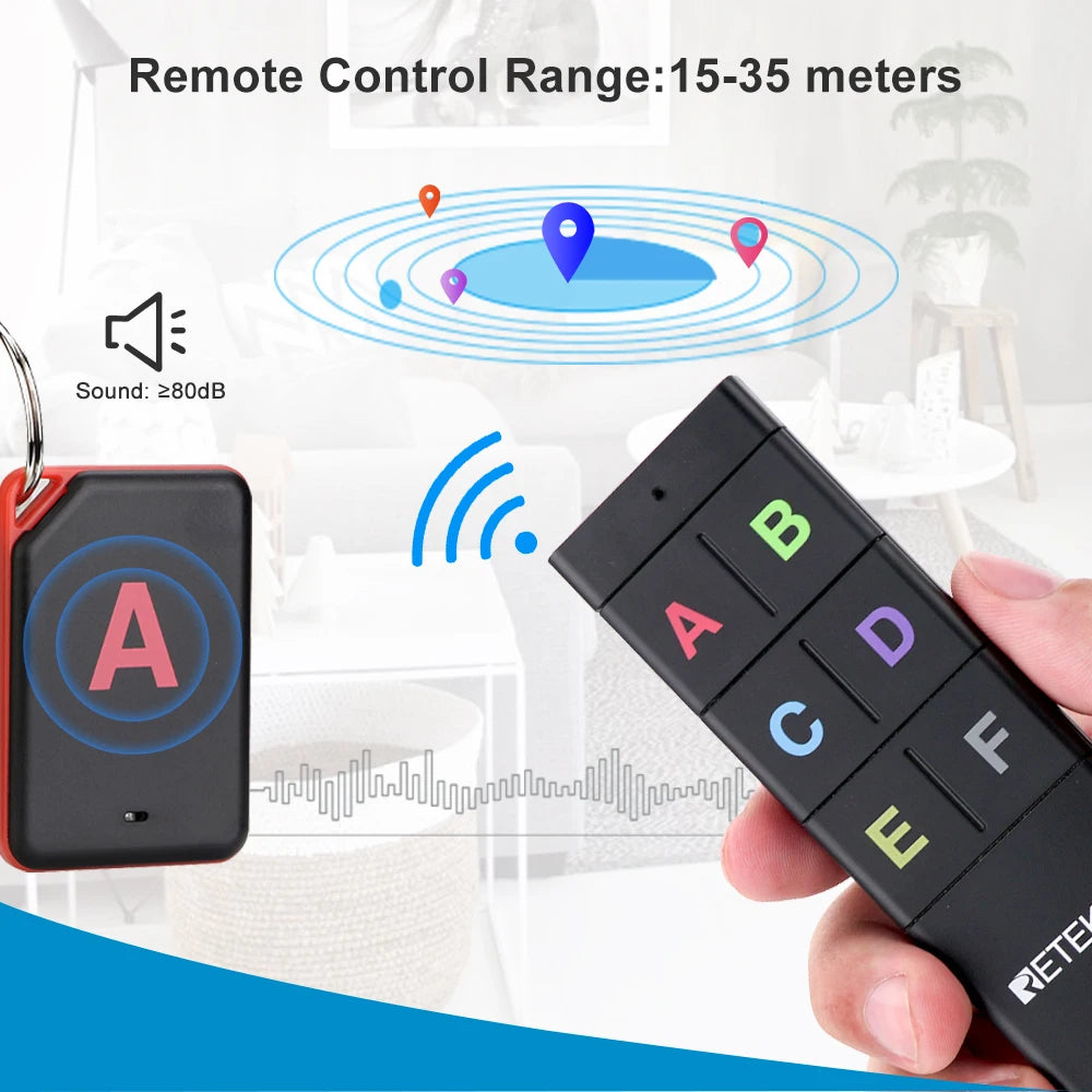 Retekess TH104 Wireless Key Finder RF Key Locator Pet Tracker Wallet Tracker Remote Control 1 RF Transmitter 6 Receiver