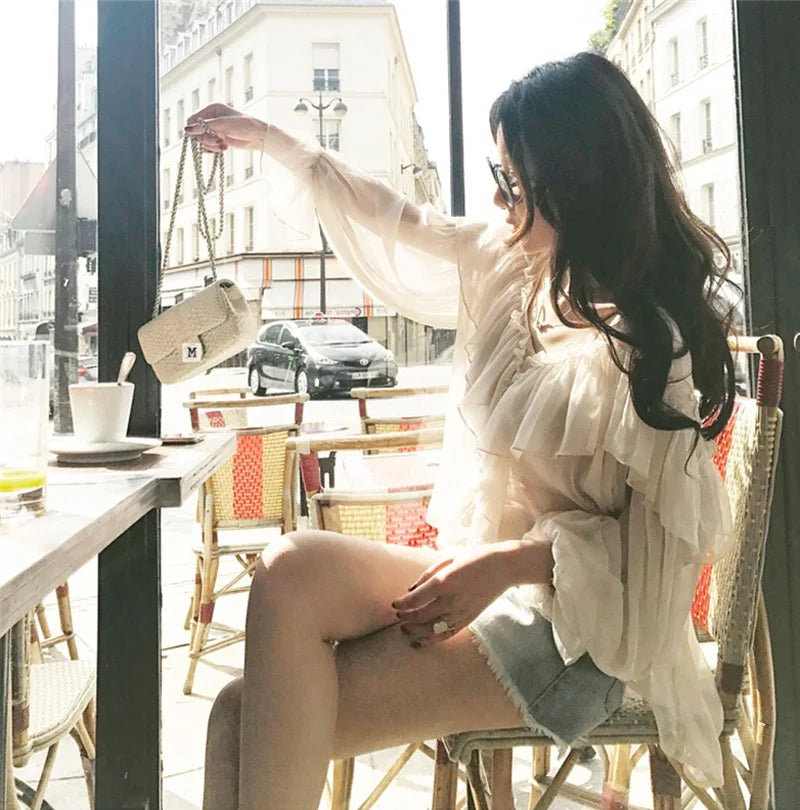 V-neck Sexy Shirts Women Summer See Through Boho Mesh Blouse Ruffle Flare Sleeve Elegant Peplum Tops Ruffles Ladies Blusas 13459