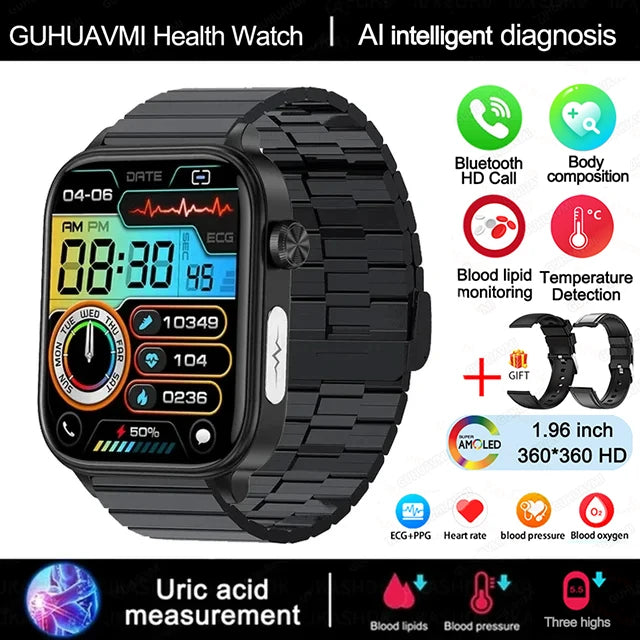 2025 New AI Diagnosis Blood Lipids Uric Acid Body composition Test Smart Watch For Men ECG+PPG Bluetooth Call Health Smartwatch