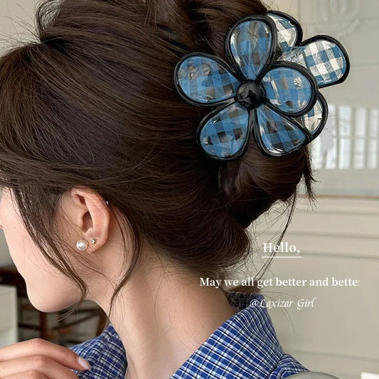 2Pcs Vitnage Blue Black Checkered Gripper Plaid Flower Hair Claw Clip Elegant Hairpin Versatile Daily High-End Hair Accessories