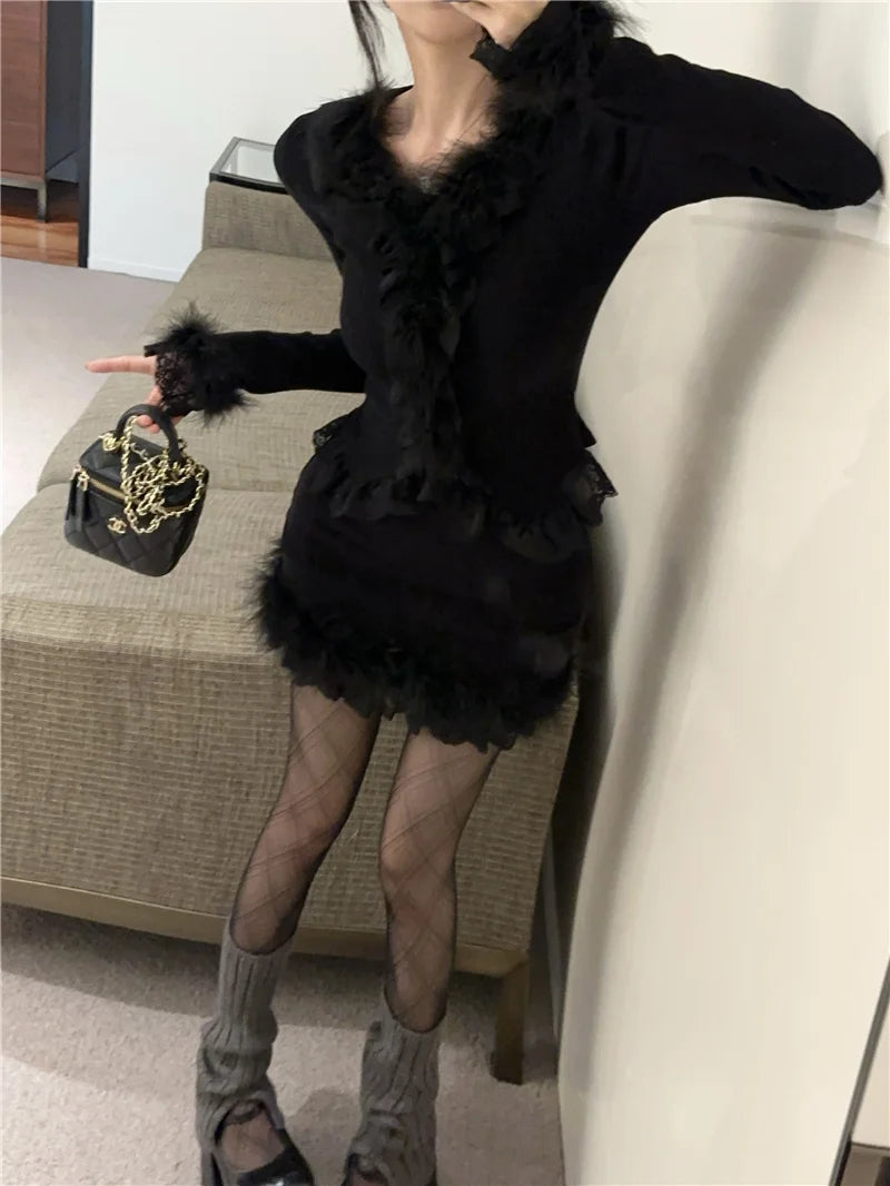 Autumn Winter Lace Splice Knitted Sve High Waist Slim Fit Bodycon Skirt Set V-Ne Soft Pure Desire Long Sve T-irt