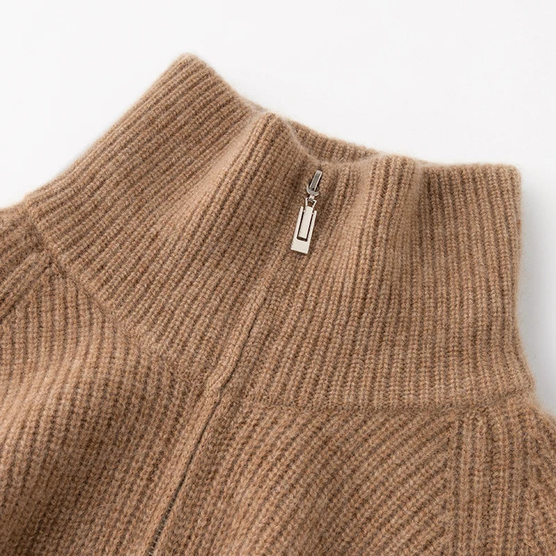 Autumn and winter women's clothing 100% pure cashmere collar thick knit zipper cardigan oversized coat sweater long sleeve loose