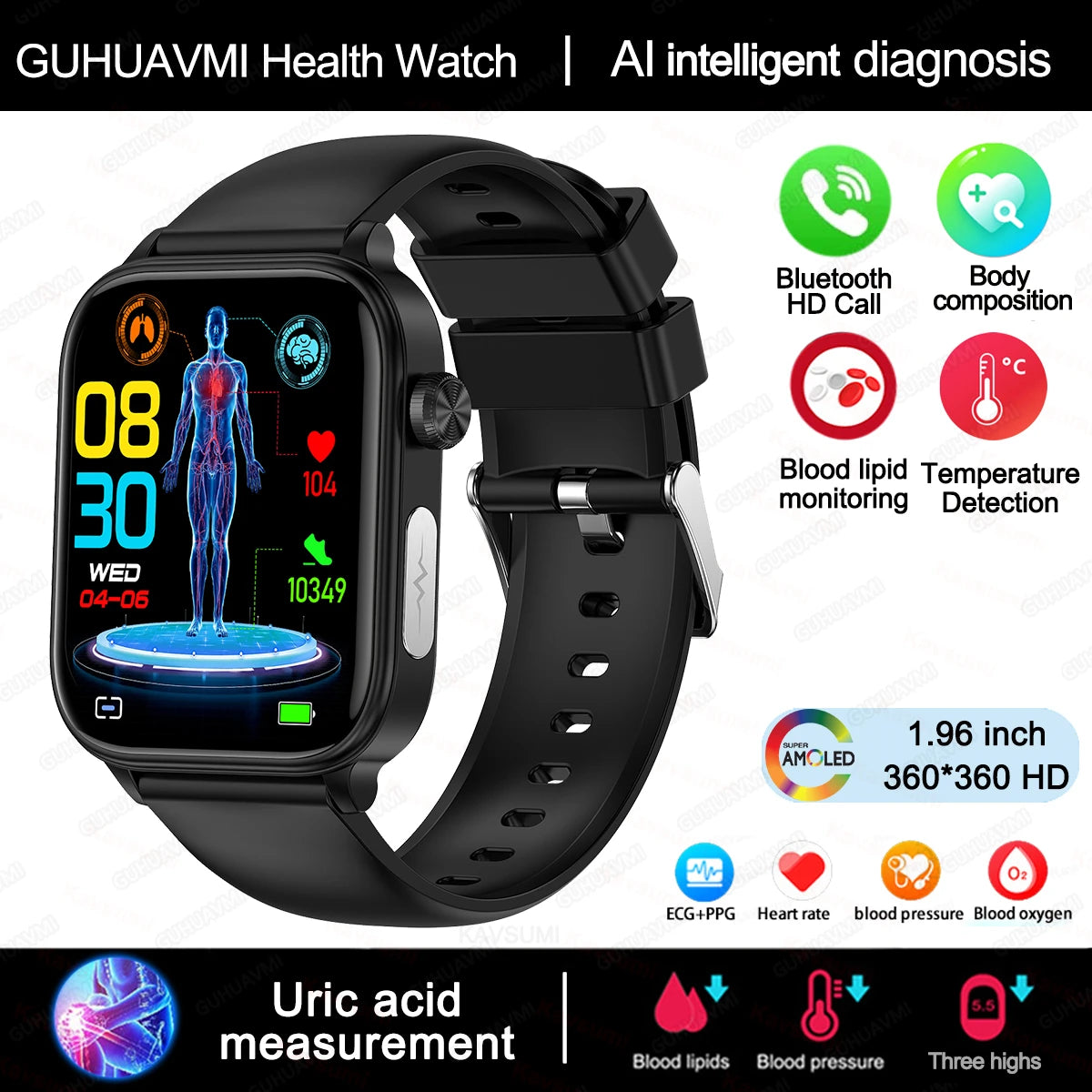 2025 New AI Diagnosis Blood Lipids Uric Acid Body composition Test Smart Watch For Men ECG+PPG Bluetooth Call Health Smartwatch