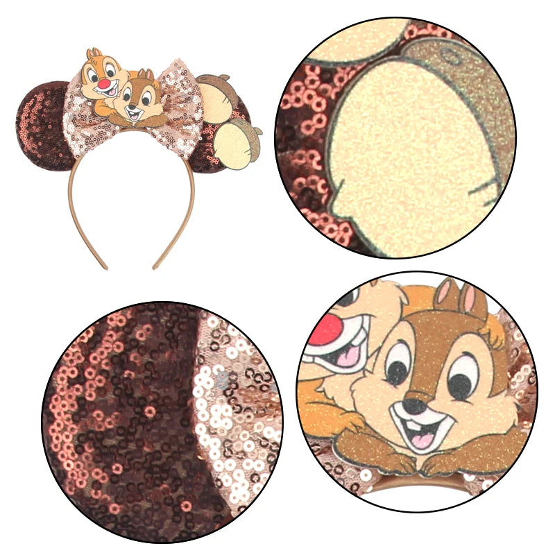 2025 Mickey Mouse Ear Headband Chip and Dale Bow Sequin Hairband Women Hair Hoop Birthday Gift Adult/Child Cosplay Accessories