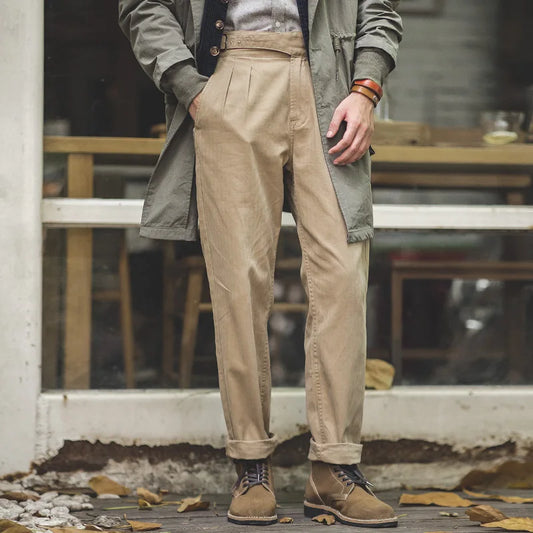 Maden Vintage Adjustable High Waist Gurkha Pants Khaki Casual Cargo Work Pants Classic Straight Trousers for Men's Spring Fall