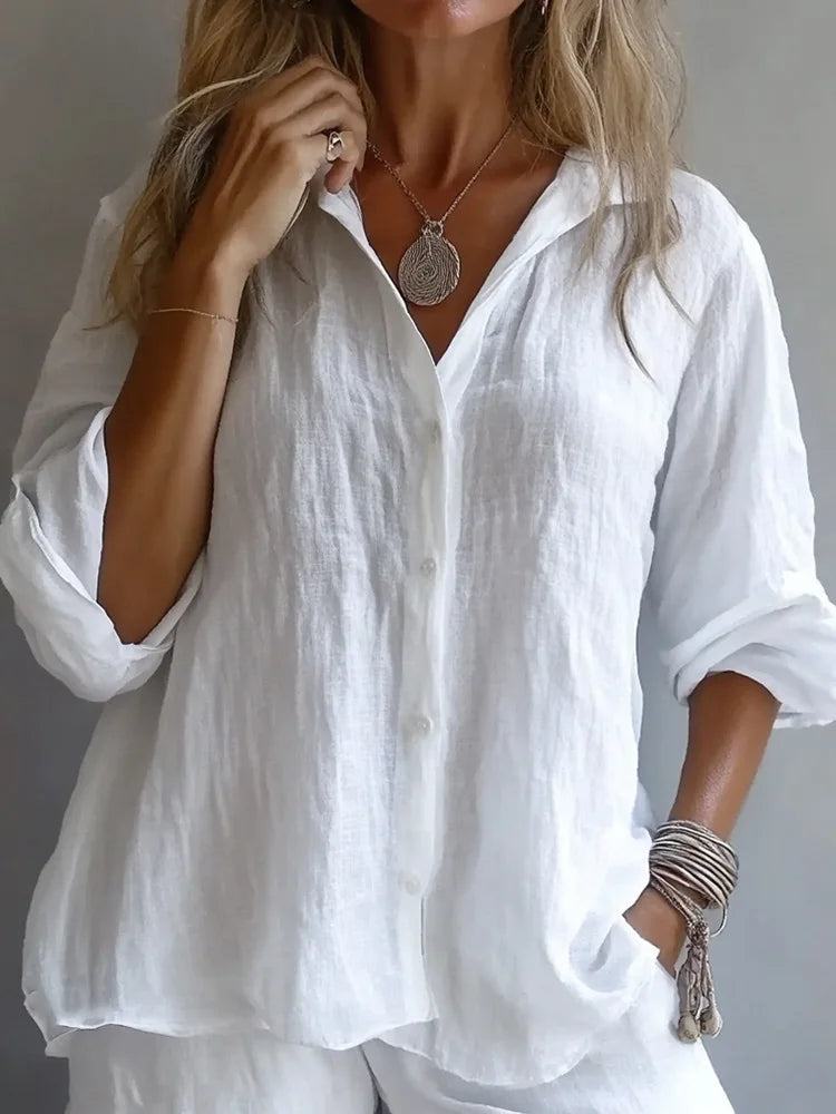 Casual Linen Long Sleeve Blouse Women 2025 Summer Fashion Turn-down Collar Loose Shirts White Blouses Femme Tops Elegant