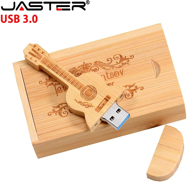 JASTER USB 3.0 Flash Drives Wooden Guitar 128GB Free Custom Logo Pen Drive 64GB with Box Memory Stick Music Business Gift U disk