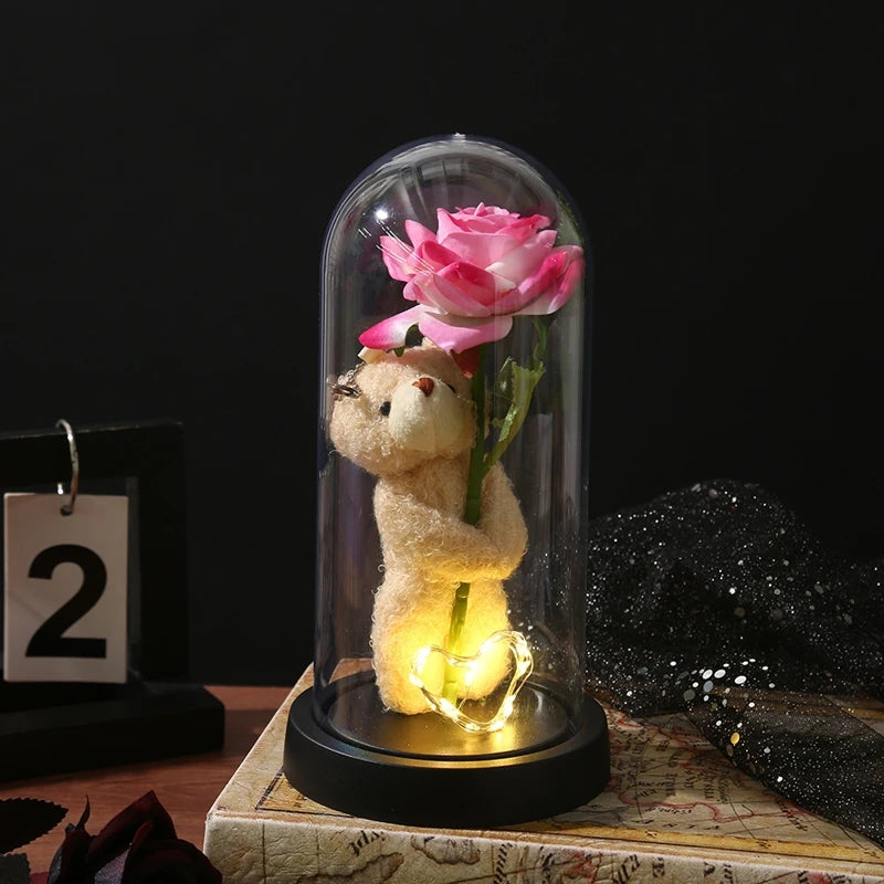 Artificial Rose Flowers Eternal Rose LED Light Foil Flower in Glass Cover Simulation Rose Flower Christmas Valentine's Day Gifts