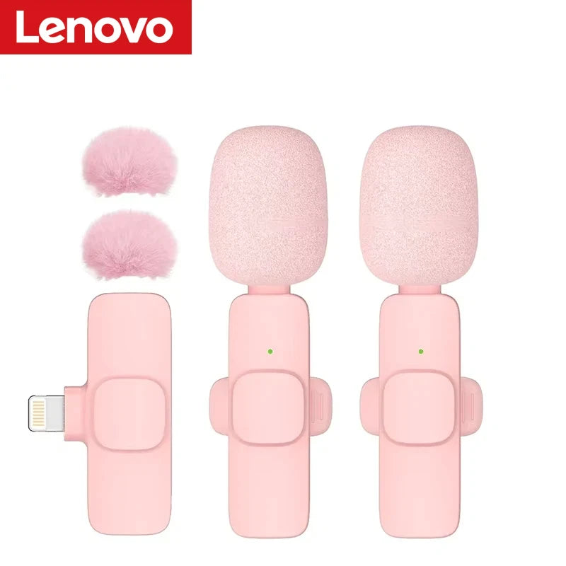 Lenovo Pink Wireless Lavalier Microphone Phone Portable Audio Video Recording Vlog Microphone for iPhone Android PC Live Gaming