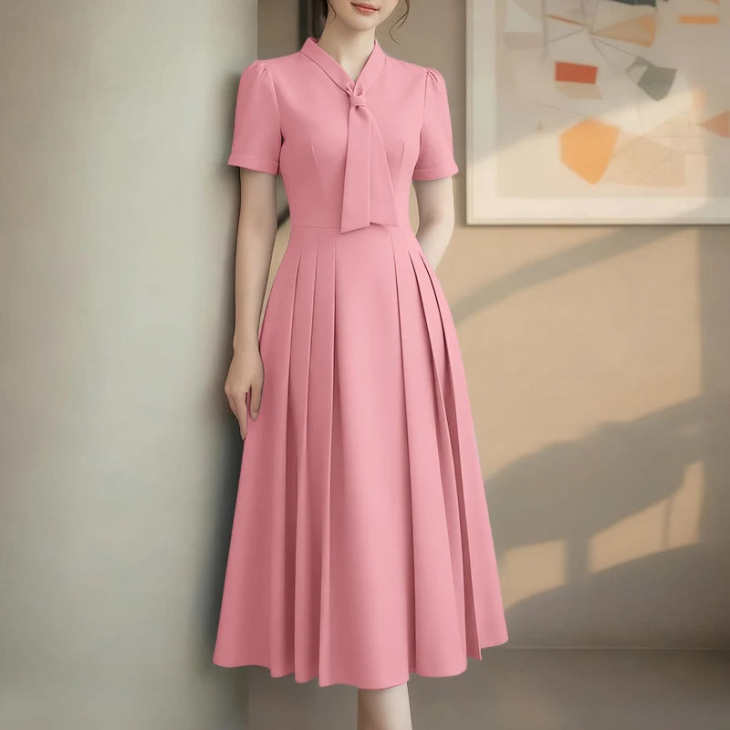ZANZEA Elegant Office Lady Dresses Women 2026 Summer Dress Stylish A Line Waisted Party Sundress Short Sleeve Pleated Midi Robe