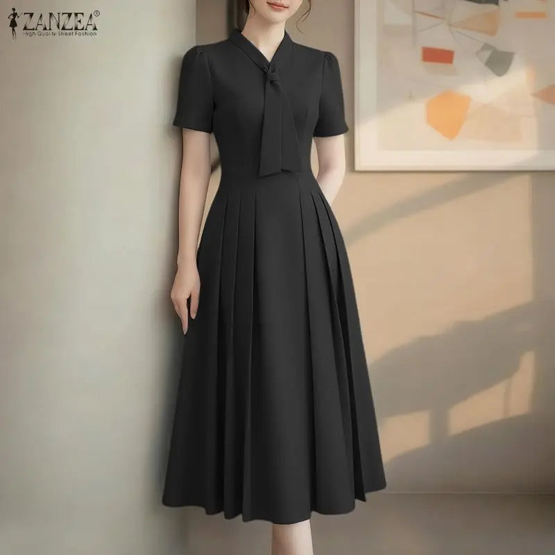 ZANZEA Elegant Office Lady Dresses Women 2026 Summer Dress Stylish A Line Waisted Party Sundress Short Sleeve Pleated Midi Robe