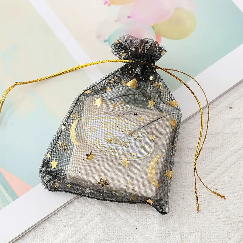 100PCS Moon Stars Drawstring Organza Bags Jewelry Gift Bags Pouches Gold Star Organza Pouches for Christmas Wedding Gift Bags
