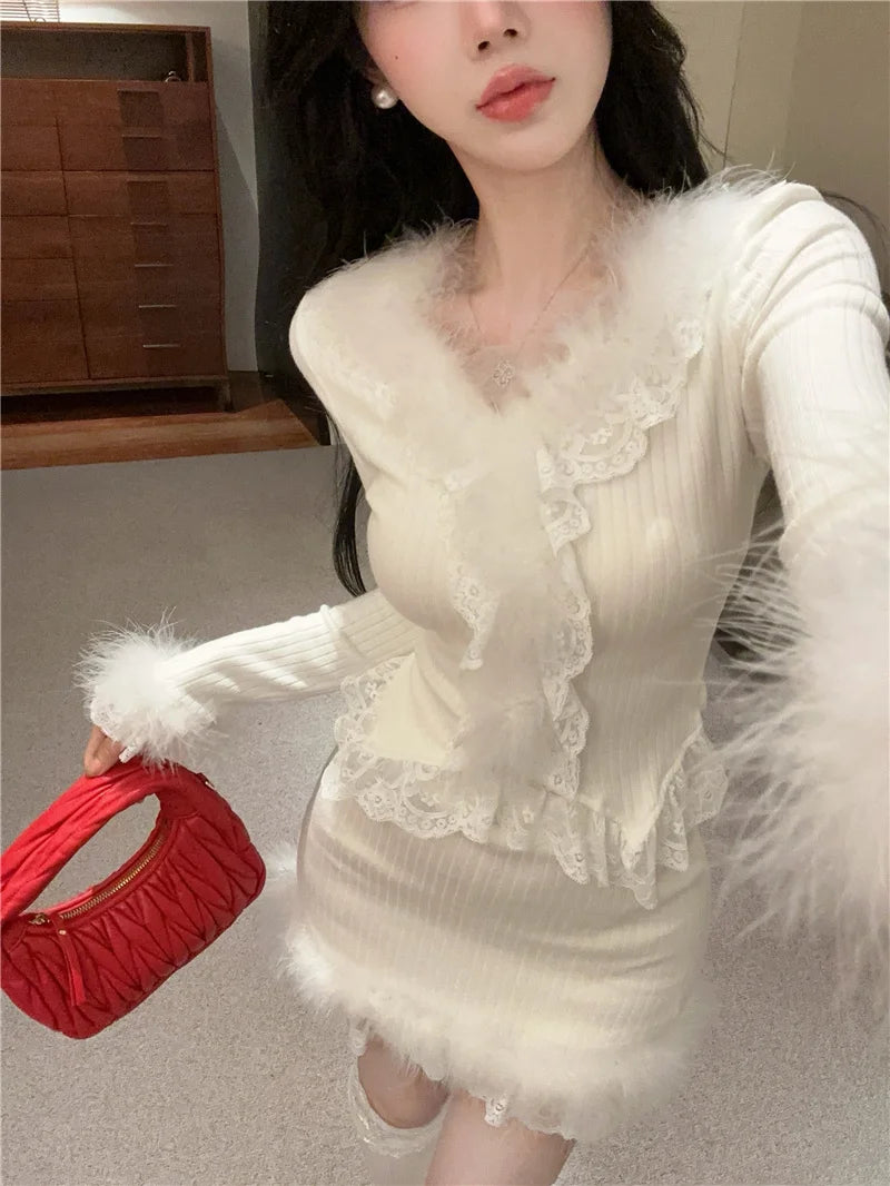 Autumn Winter Lace Splice Knitted Sve High Waist Slim Fit Bodycon Skirt Set V-Ne Soft Pure Desire Long Sve T-irt