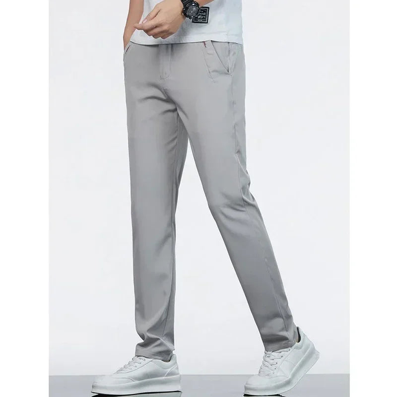 Men Ice Silk Thin Classic Casual Pants Male Slim Fit Straight Leg Daily Business Trousers Fashion Elastic Waist Black Gray Pants